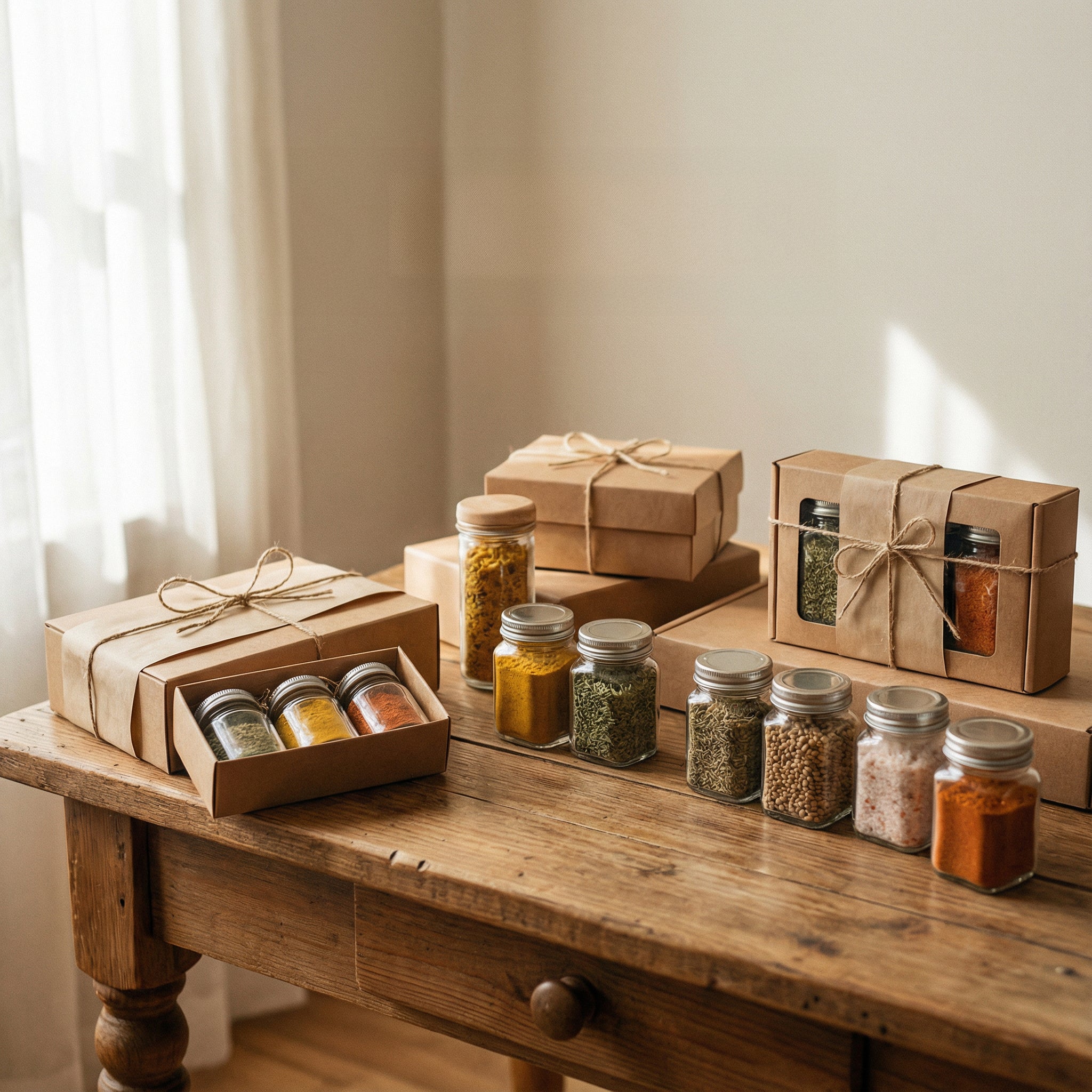 Sfeervolle hero-afbeelding met zorgvuldig samengestelde kruidenpakketten en potjes met specerijen op een houten tafel, stijlvol verpakt als cadeau, in warm daglicht met een ambachtelijke uitstraling.
