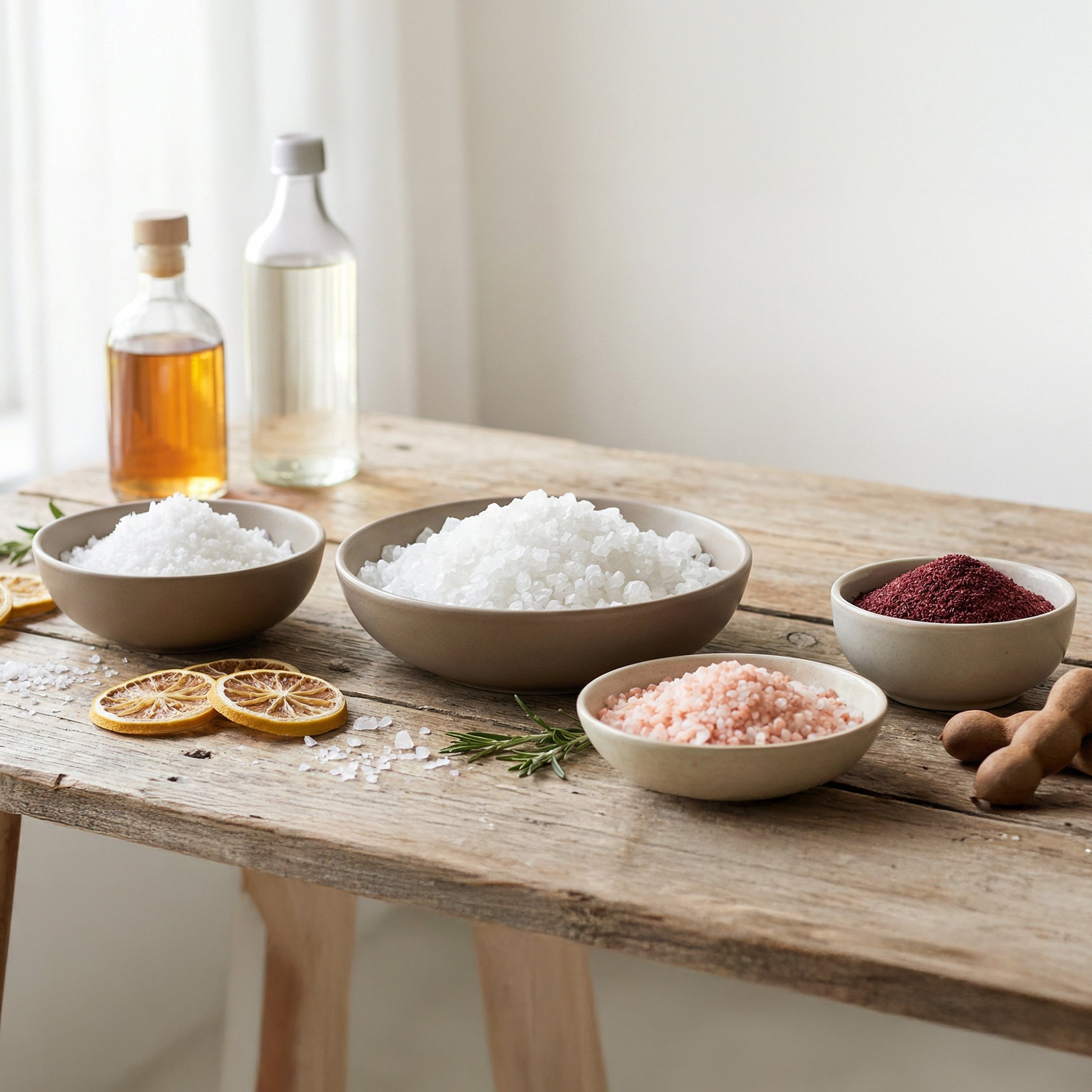Rustige sfeerafbeelding met verschillende soorten zout in schaaltjes, gedroogde citrusschijfjes en flesjes azijn op een houten tafel in zacht daglicht, met een frisse en natuurlijke uitstraling.