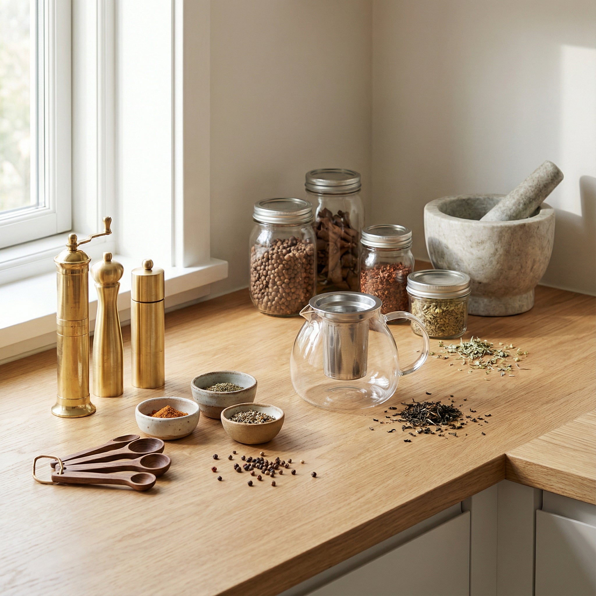 Moderne keukenopstelling met peper- en zoutmolens, houten maatschepjes, een theepot met filter, kruidenpotjes en een vijzel op een houten werkblad in zacht daglicht, met een rustige en premium uitstraling.